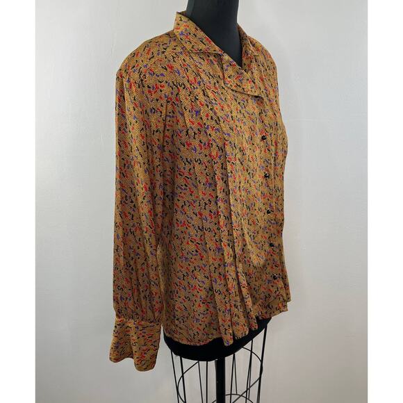 Vintage STUART LANG Tan Print Long Sleeve Button-Down Pleated Collared Shirt 12 - Picture 2 of 7